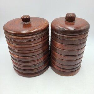 Vintage 50s 60s Wood Canisters Set Brown Cylindrical with Covers Lot of 2